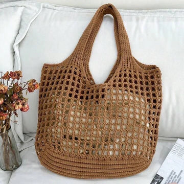 Qfdian Fashion Vintage Solid Color Knitted Hollow Tote Bag Large Capacity Shopping Shoulder Bag Crochet Handbag for Women